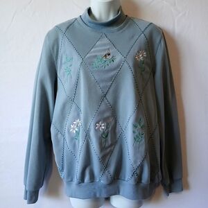 Alfred Dunner top blue diamonds bird floral embroirdery sz M grandma comfy cabin